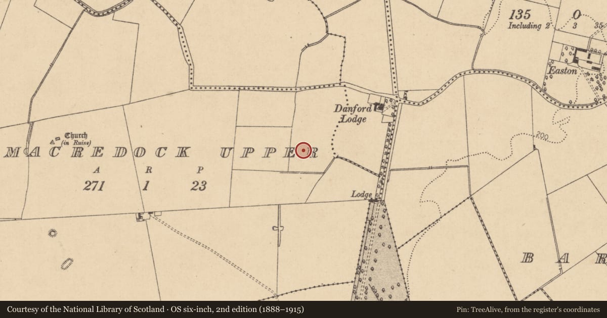 Ordnance Survey six-inch map, 2nd edition (1888–1915) covering the location of Burnt mound, Kilmacredock Upper, County Kildare, with a pin at the register's coordinates