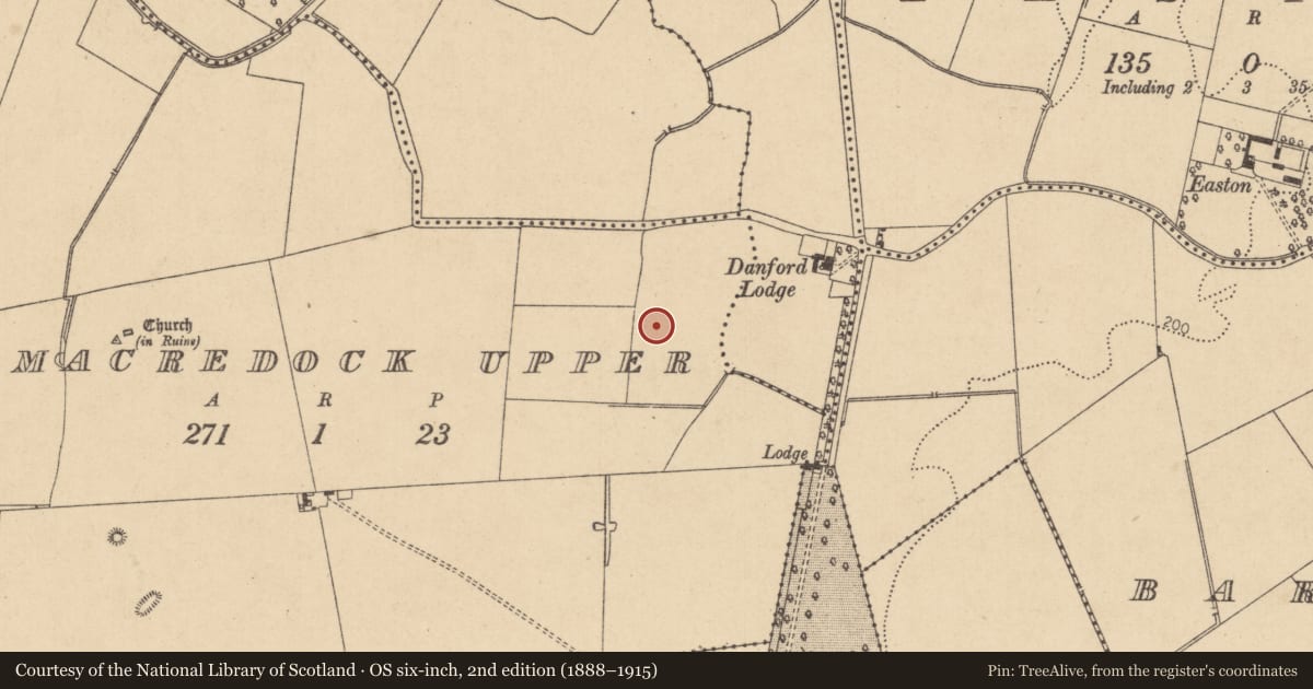 Ordnance Survey six-inch map, 2nd edition (1888–1915) covering the location of Habitation site, Kilmacredock Upper, County Kildare, with a pin at the register's coordinates