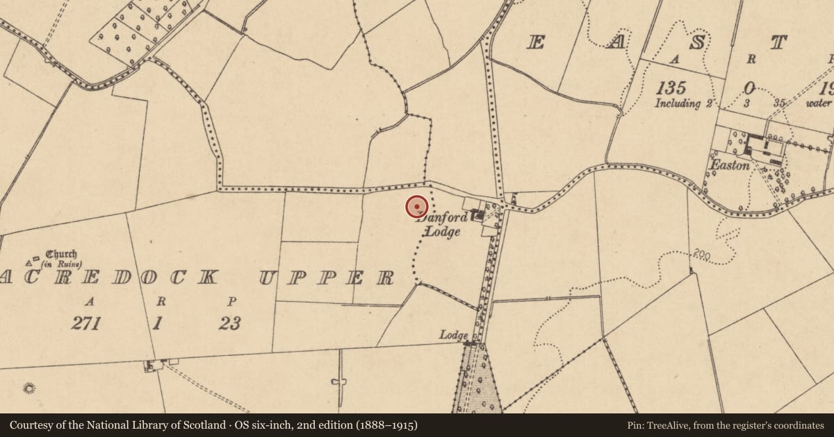 Ordnance Survey six-inch map, 2nd edition (1888–1915) covering the location of Burnt mound, Kilmacredock Upper, County Kildare, with a pin at the register's coordinates