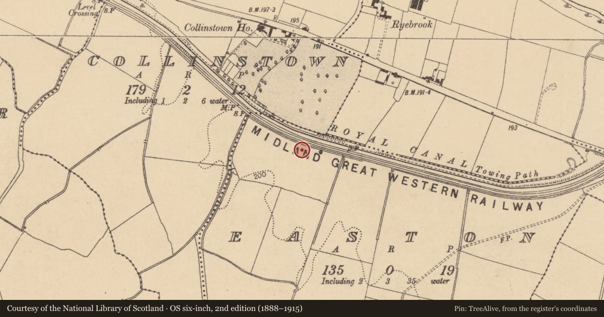 Ordnance Survey six-inch map, 2nd edition (1888–1915) covering the location of Fulacht fia, Easton, County Kildare, with a pin at the register's coordinates