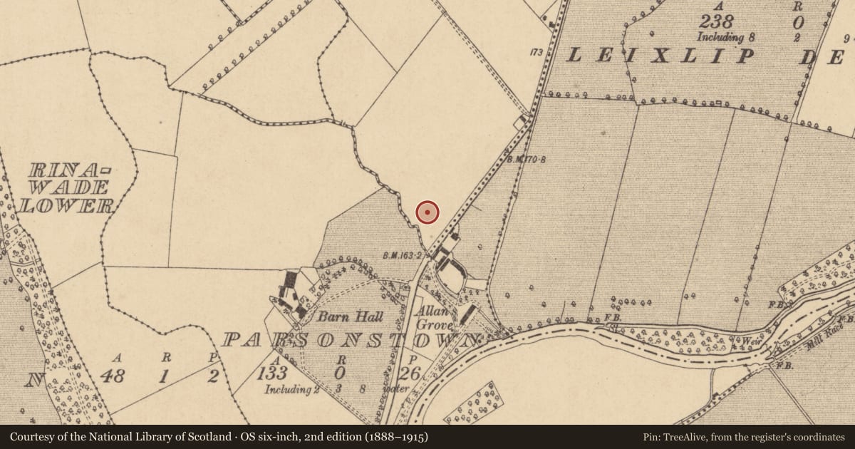 Ordnance Survey six-inch map, 2nd edition (1888–1915) covering the location of Fulacht fia, Parsonstown, County Kildare, with a pin at the register's coordinates