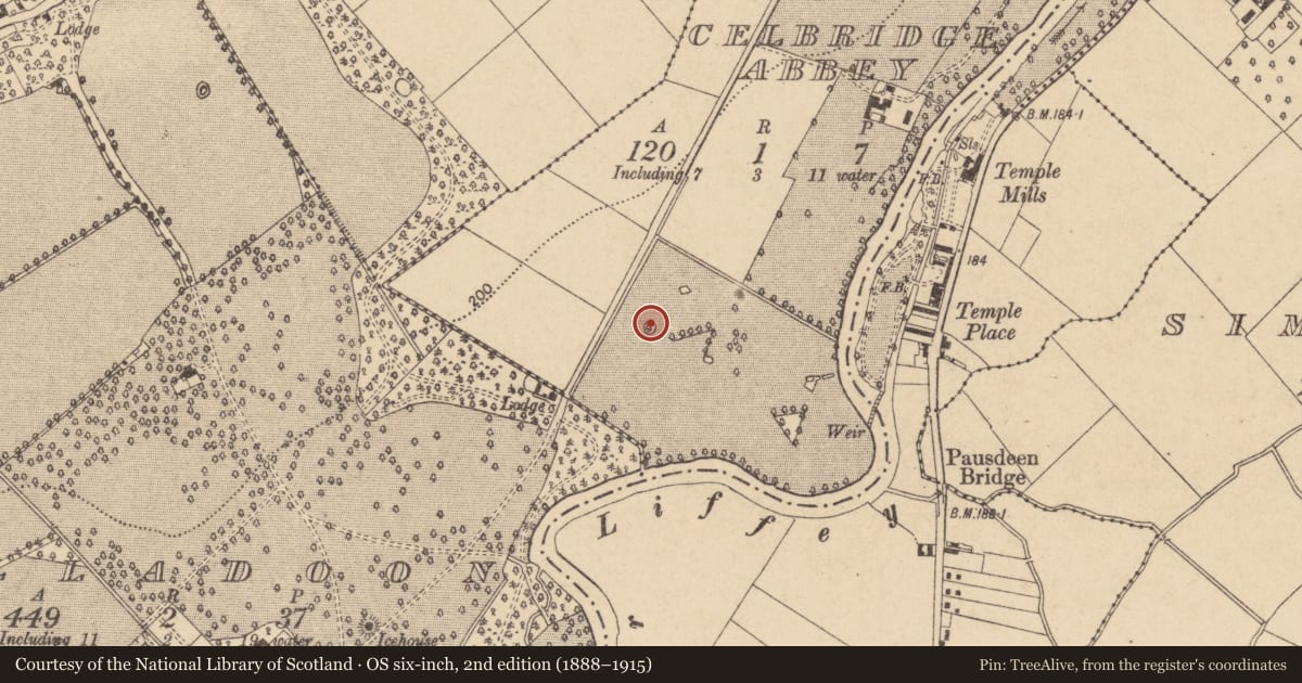 Ordnance Survey six-inch map, 2nd edition (1888–1915) covering the location of Barrow - ditch barrow, Celbridge Abbey, County Kildare, with a pin at the register's coordinates