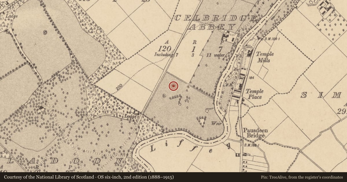 Ordnance Survey six-inch map, 2nd edition (1888–1915) covering the location of Barrow - ditch barrow, Celbridge Abbey, County Kildare, with a pin at the register's coordinates