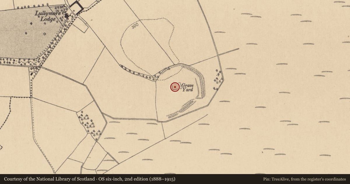 Ordnance Survey six-inch map, 2nd edition (1888–1915) covering the location of Church, Lullymore East, County Kildare, with a pin at the register's coordinates