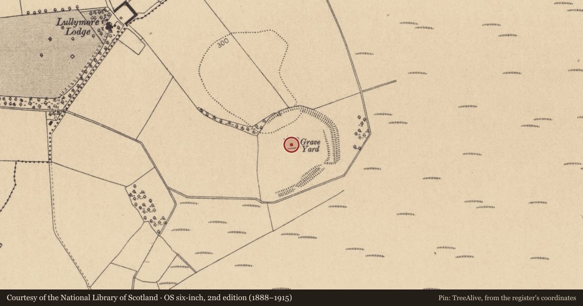 Ordnance Survey six-inch map, 2nd edition (1888–1915) covering the location of Graveyard, Lullymore East, County Kildare, with a pin at the register's coordinates