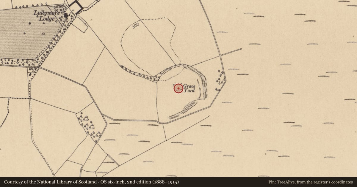 Ordnance Survey six-inch map, 2nd edition (1888–1915) covering the location of Bullaun stone, Lullymore East, County Kildare, with a pin at the register's coordinates