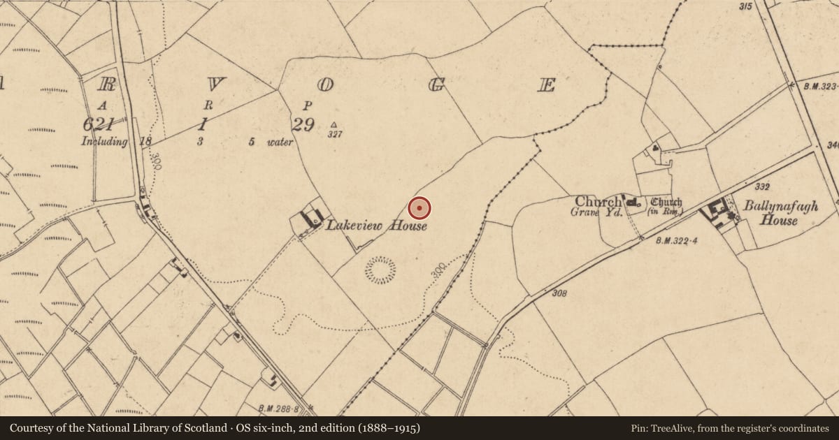 Ordnance Survey six-inch map, 2nd edition (1888–1915) covering the location of Enclosure, Garvoge, County Kildare, with a pin at the register's coordinates