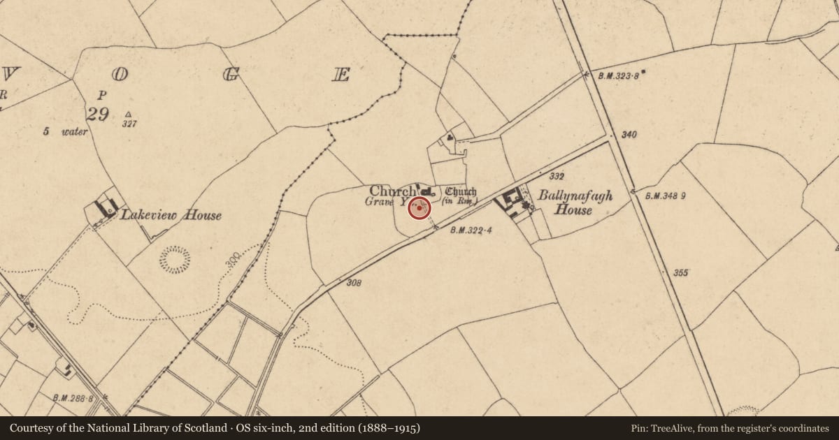 Ordnance Survey six-inch map, 2nd edition (1888–1915) covering the location of Ecclesiastical enclosure, Ballynafagh, County Kildare, with a pin at the register's coordinates