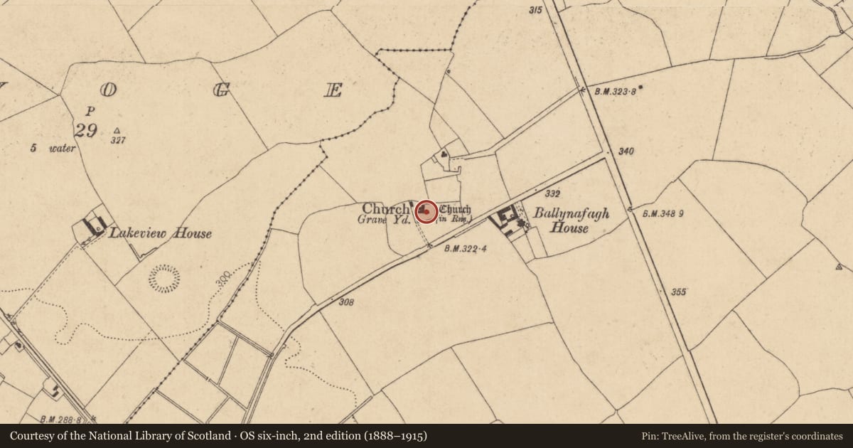 Ordnance Survey six-inch map, 2nd edition (1888–1915) covering the location of Church, Ballynafagh, County Kildare, with a pin at the register's coordinates