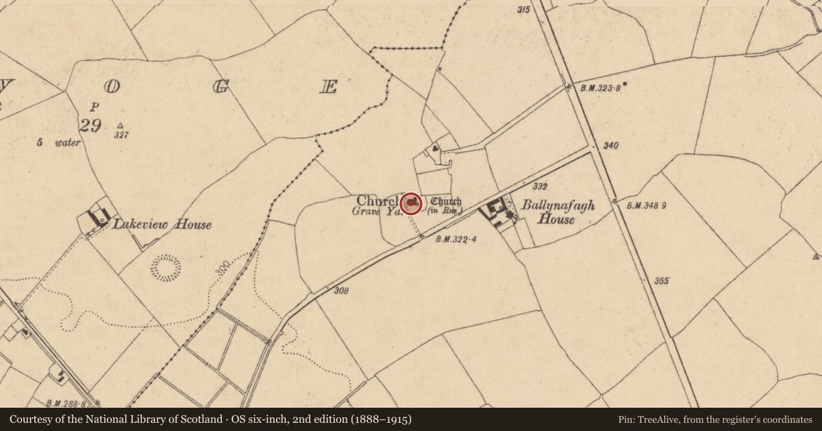 Ordnance Survey six-inch map, 2nd edition (1888–1915) covering the location of Church, Ballynafagh, County Kildare, with a pin at the register's coordinates