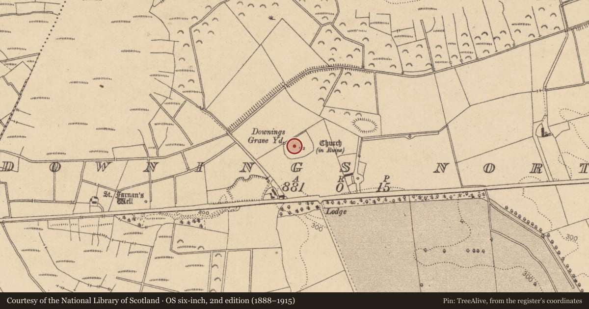 Ordnance Survey six-inch map, 2nd edition (1888–1915) covering the location of Ecclesiastical enclosure, Downings North, County Kildare, with a pin at the register's coordinates