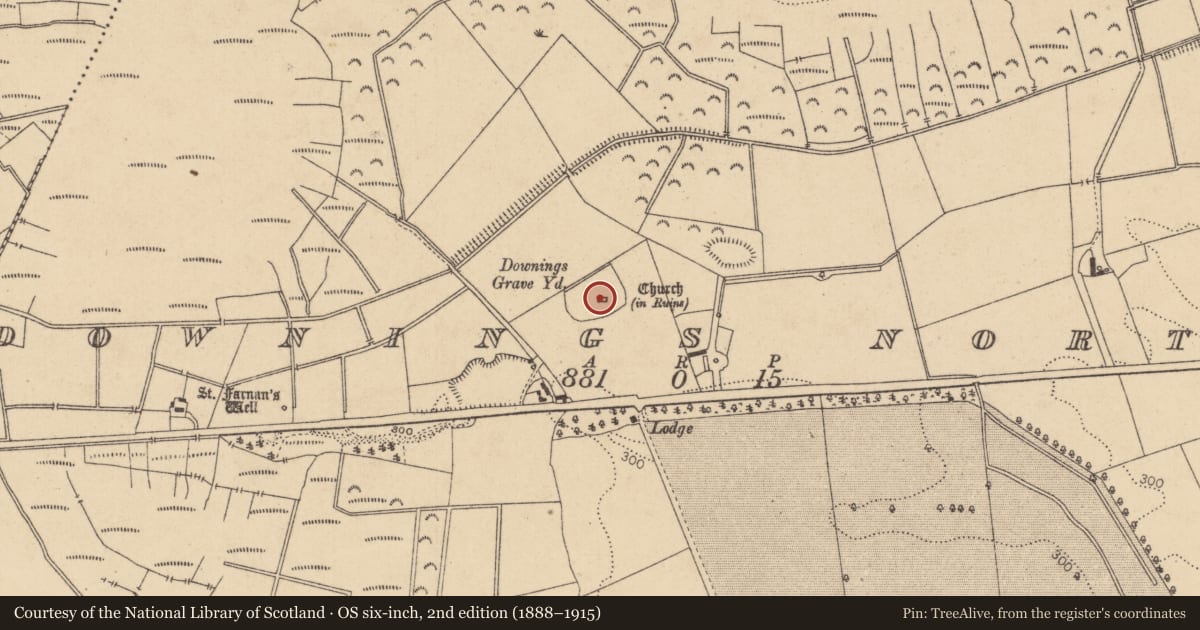 Ordnance Survey six-inch map, 2nd edition (1888–1915) covering the location of Church, Downings North, County Kildare, with a pin at the register's coordinates