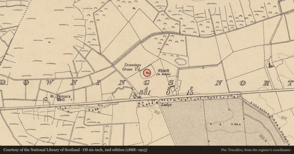 Ordnance Survey six-inch map, 2nd edition (1888–1915) covering the location of Graveyard, Downings North, County Kildare, with a pin at the register's coordinates