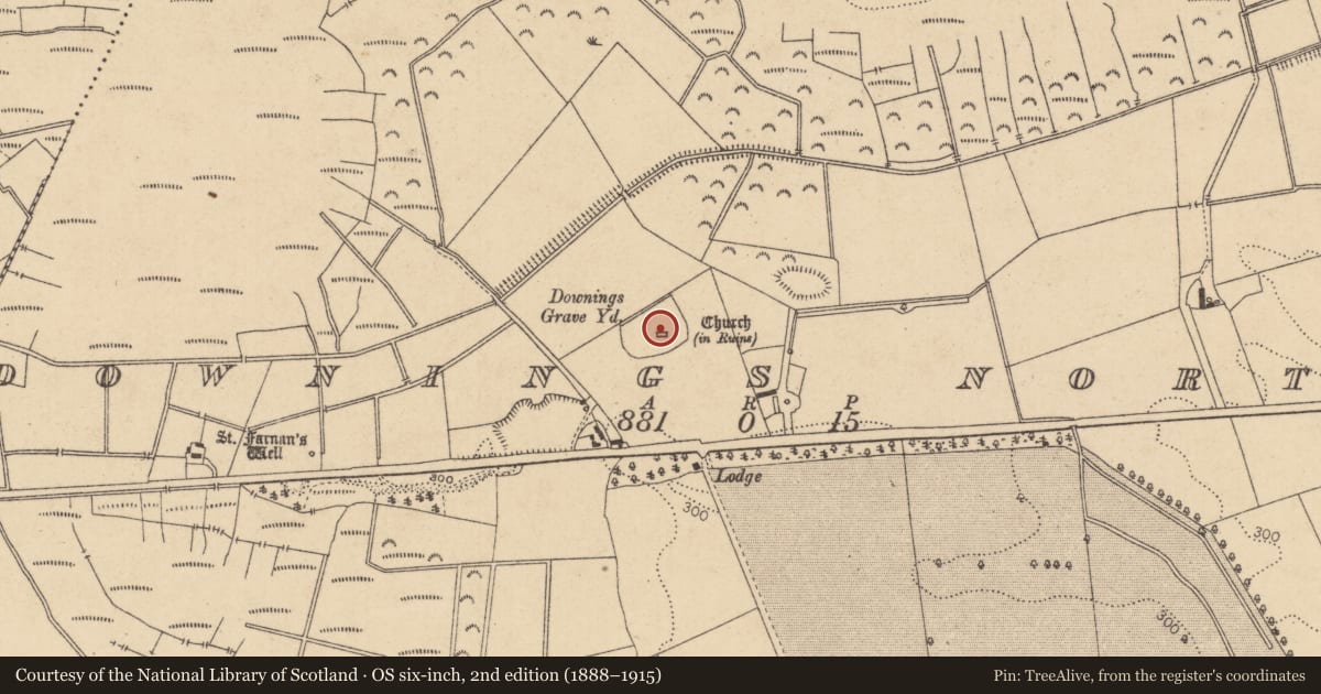 Ordnance Survey six-inch map, 2nd edition (1888–1915) covering the location of Font, Downings North, County Kildare, with a pin at the register's coordinates