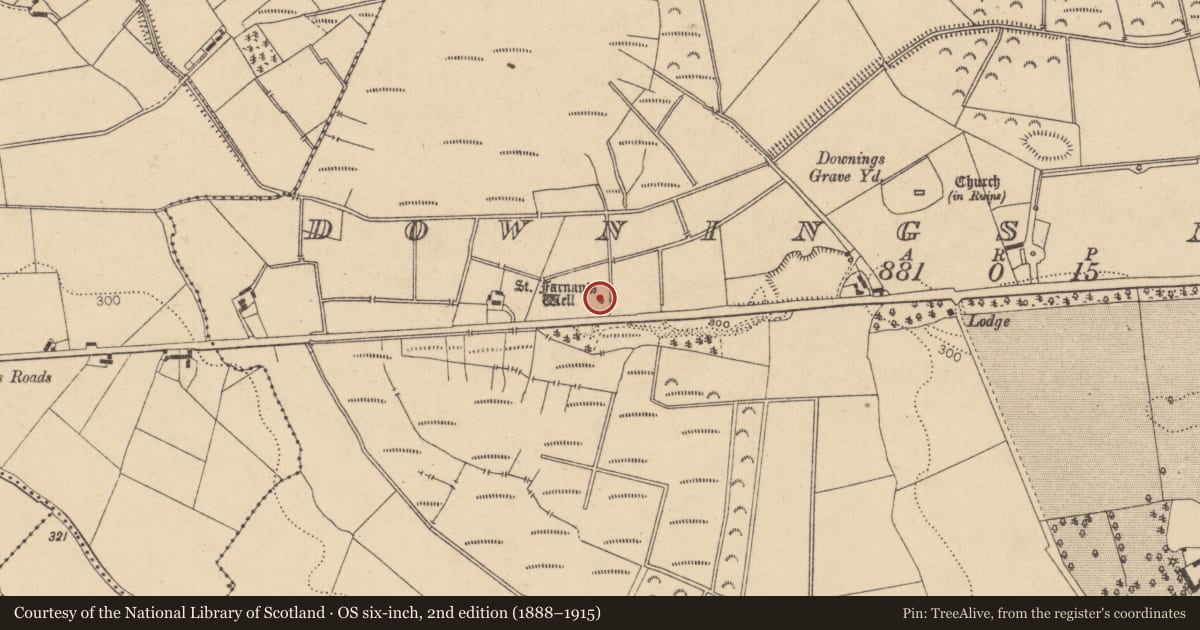 Ordnance Survey six-inch map, 2nd edition (1888–1915) covering the location of Ritual site - holy well, Downings North, County Kildare, with a pin at the register's coordinates