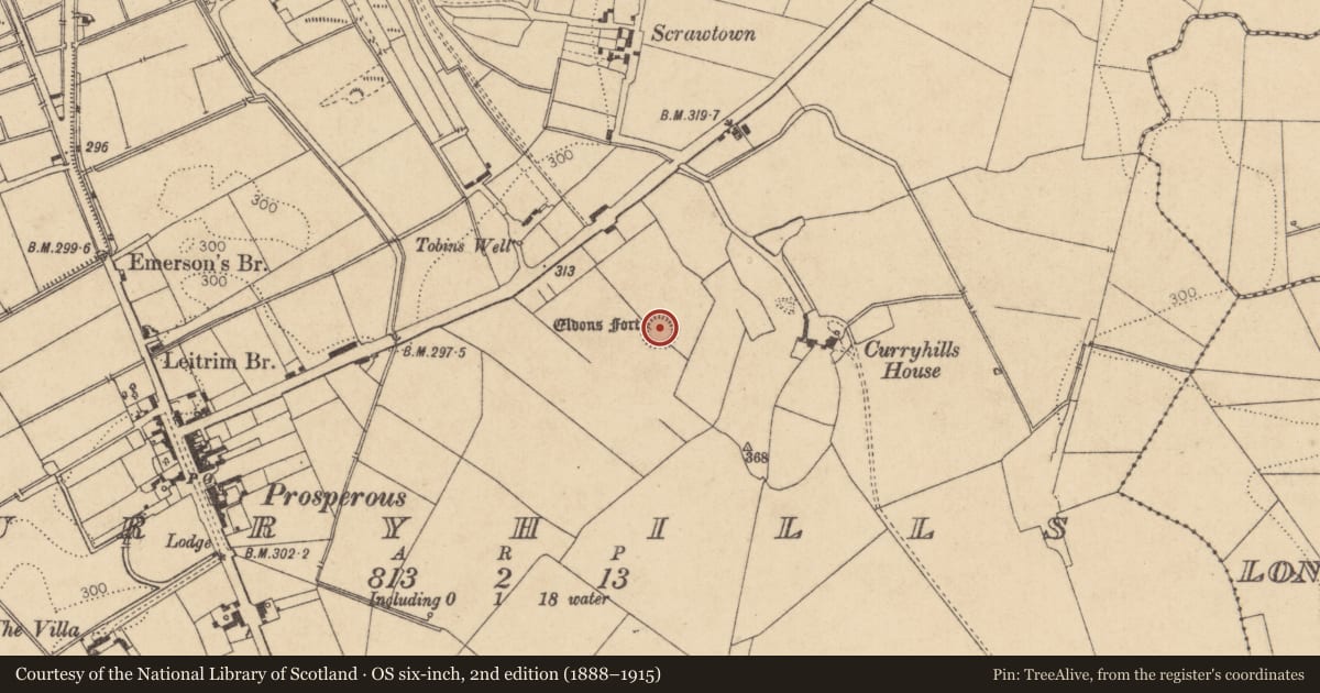 Ordnance Survey six-inch map, 2nd edition (1888–1915) covering the location of Ringfort - rath, Curryhills, County Kildare, with a pin at the register's coordinates