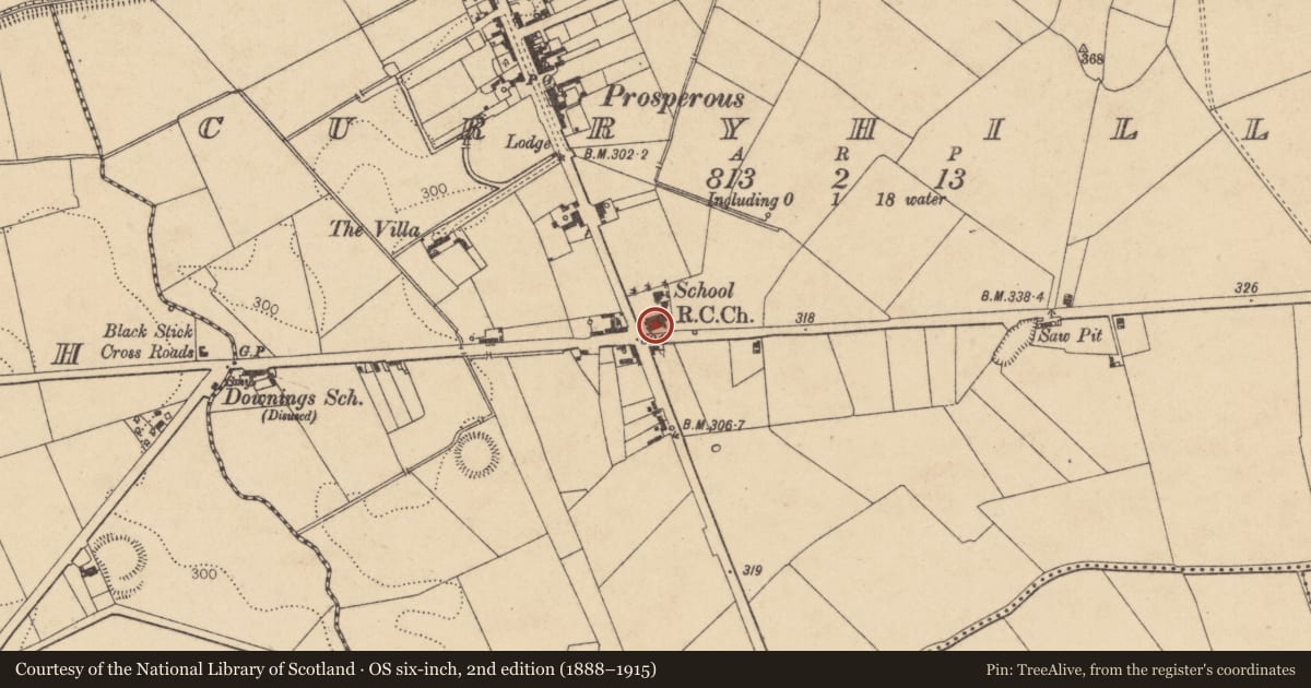Ordnance Survey six-inch map, 2nd edition (1888–1915) covering the location of Font (present location), Curryhills, County Kildare, with a pin at the register's coordinates