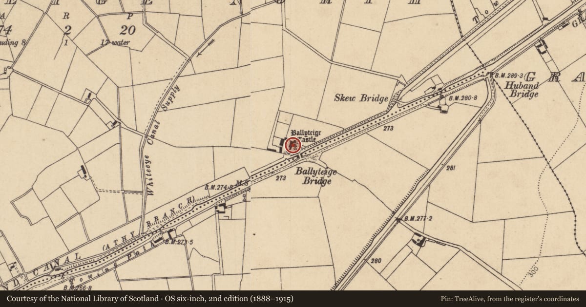 Ordnance Survey six-inch map, 2nd edition (1888–1915) covering the location of Castle - tower house, Ballyteige North, County Kildare, with a pin at the register's coordinates