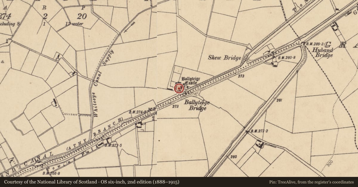 Ordnance Survey six-inch map, 2nd edition (1888–1915) covering the location of Inscribed stone (present location), Ballyteige North, County Kildare, with a pin at the register's coordinates