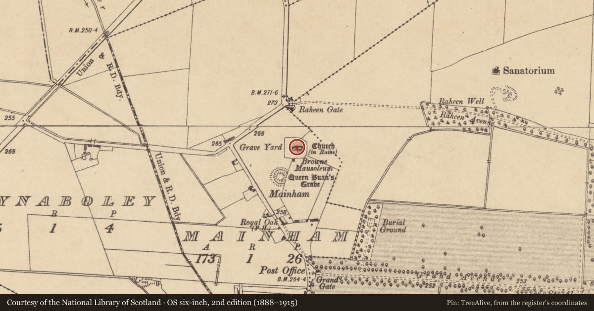 Ordnance Survey six-inch map, 2nd edition (1888–1915) covering the location of Church, Mainham, County Kildare, with a pin at the register's coordinates