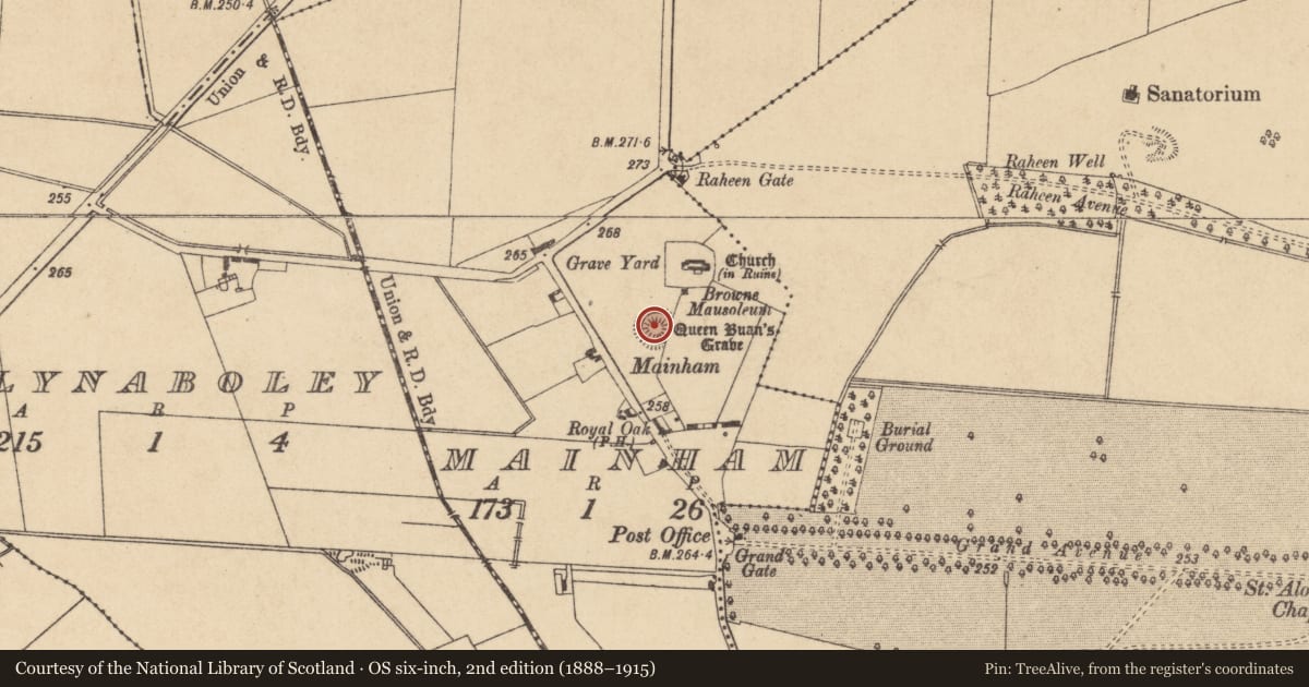 Ordnance Survey six-inch map, 2nd edition (1888–1915) covering the location of Castle - motte and bailey, Mainham, County Kildare, with a pin at the register's coordinates