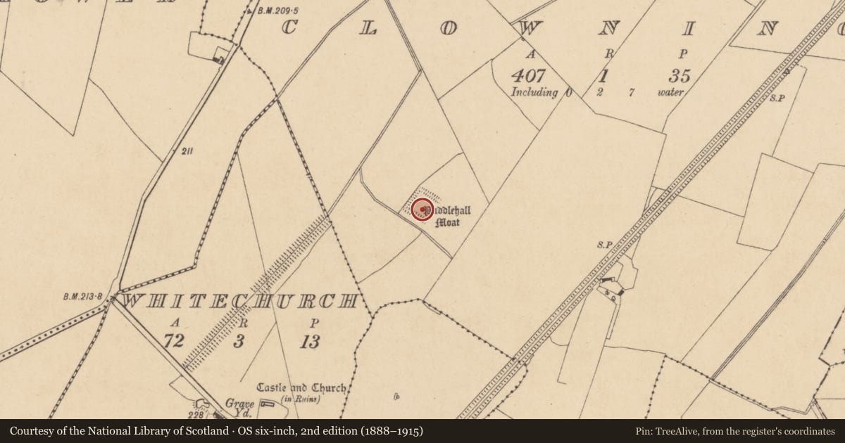 Ordnance Survey six-inch map, 2nd edition (1888–1915) covering the location of Moated site, Clownings, County Kildare, with a pin at the register's coordinates