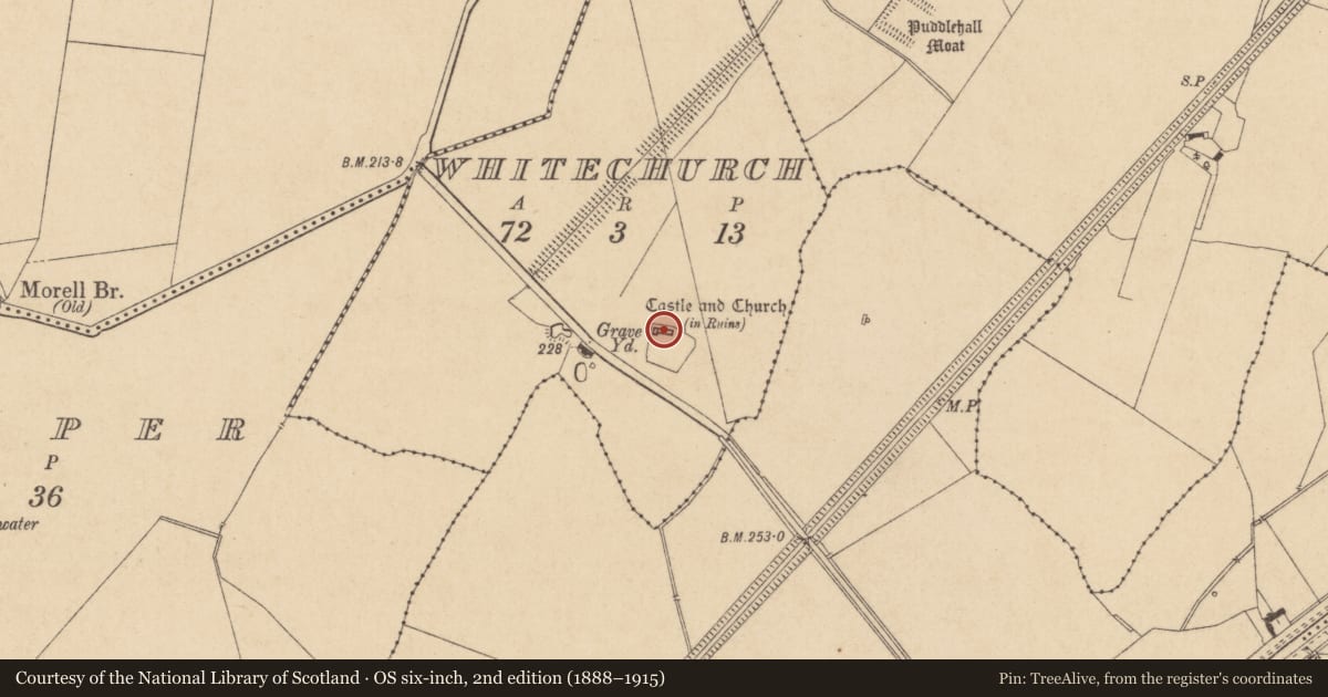 Ordnance Survey six-inch map, 2nd edition (1888–1915) covering the location of Church, Whitechurch, County Kildare, with a pin at the register's coordinates
