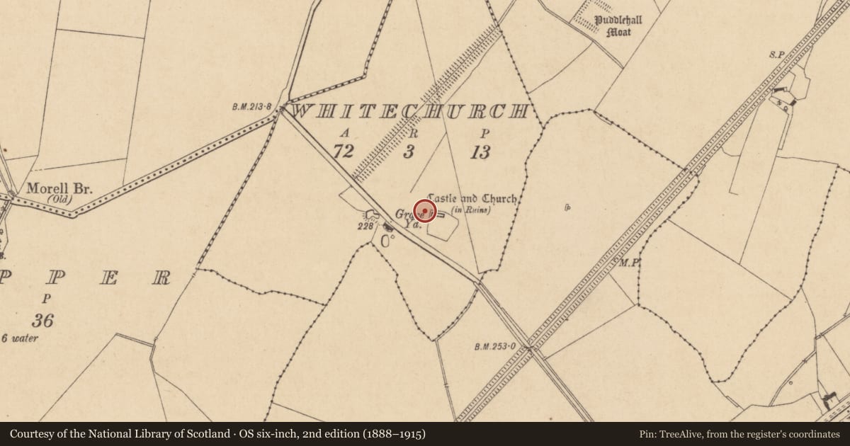 Ordnance Survey six-inch map, 2nd edition (1888–1915) covering the location of Ritual site - holy well, Whitechurch, County Kildare, with a pin at the register's coordinates