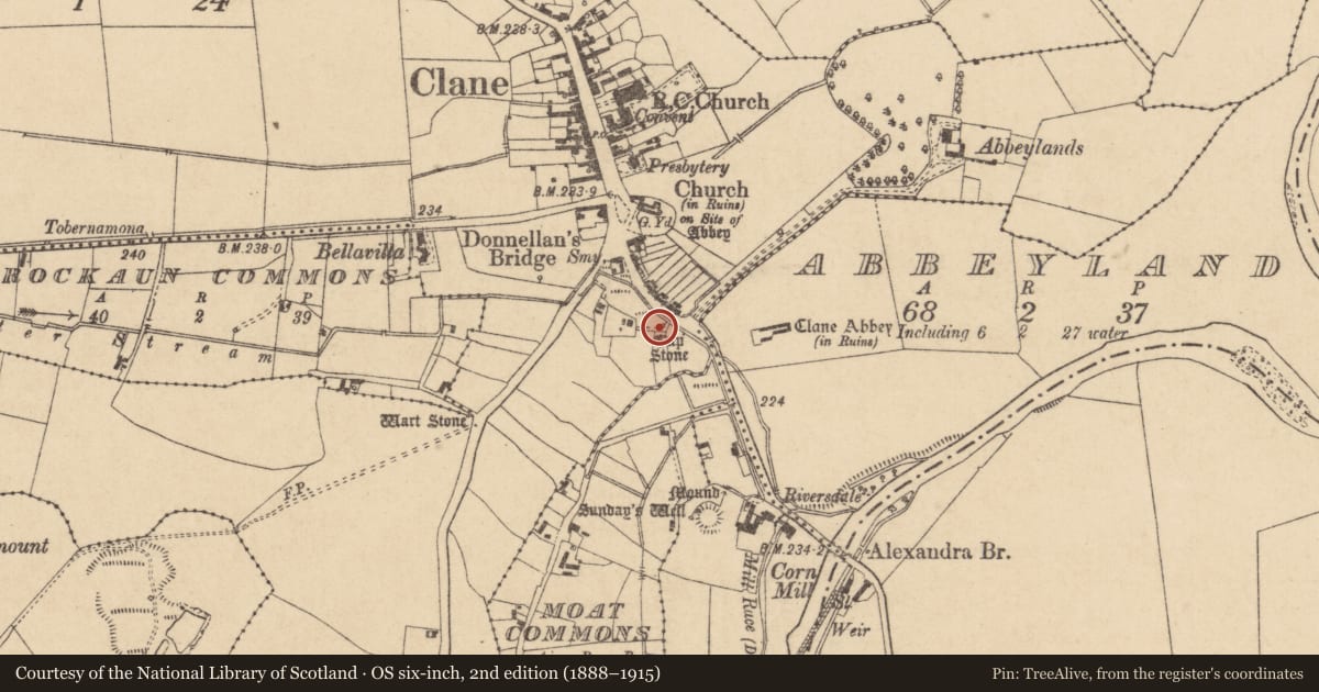 Ordnance Survey six-inch map, 2nd edition (1888–1915) covering the location of Bullaun stone, Clane, County Kildare, with a pin at the register's coordinates
