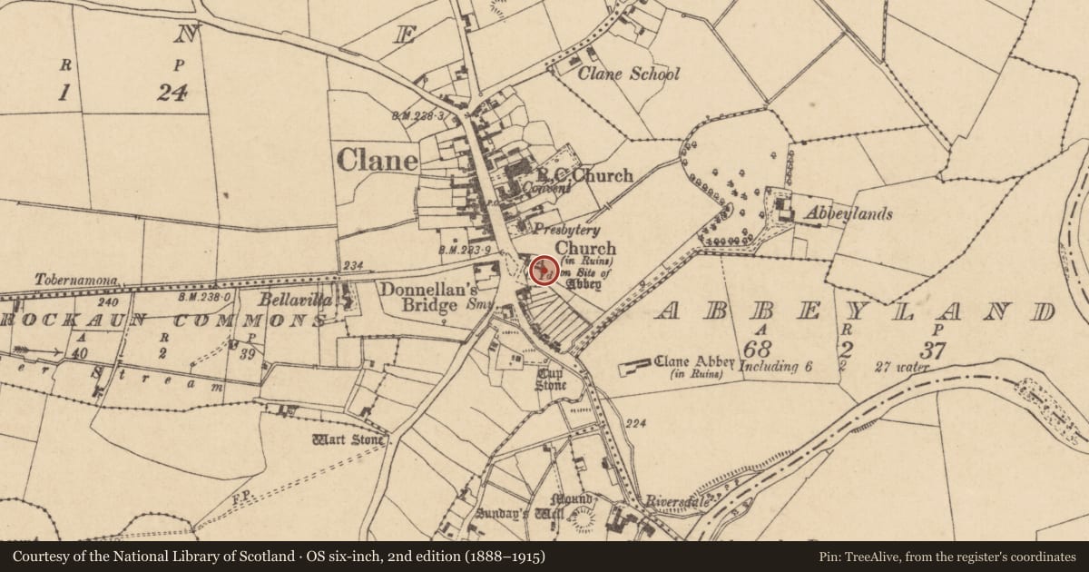 Ordnance Survey six-inch map, 2nd edition (1888–1915) covering the location of Tomb - table tomb, Clane, County Kildare, with a pin at the register's coordinates