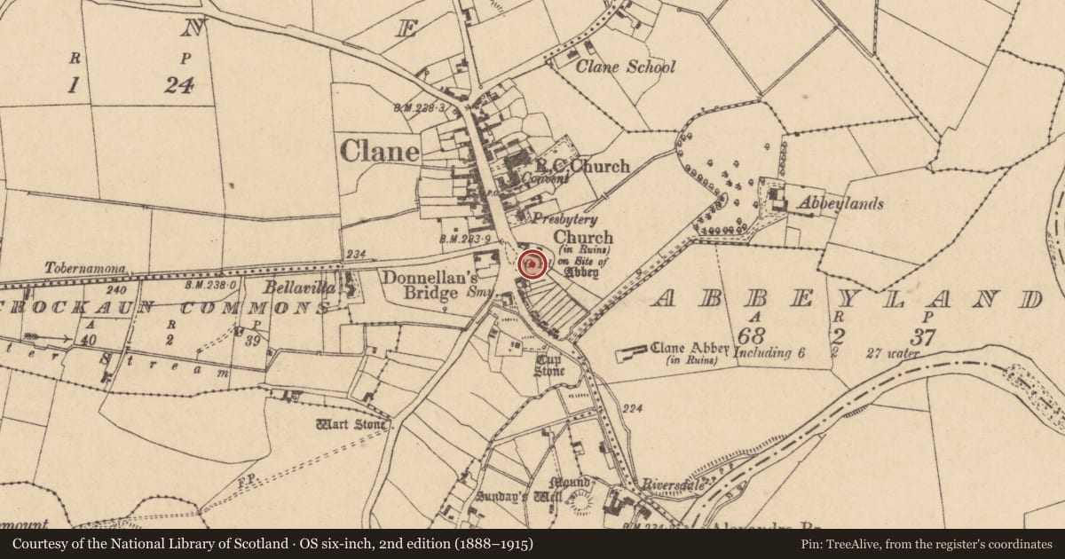 Ordnance Survey six-inch map, 2nd edition (1888–1915) covering the location of Graveyard, Clane, County Kildare, with a pin at the register's coordinates