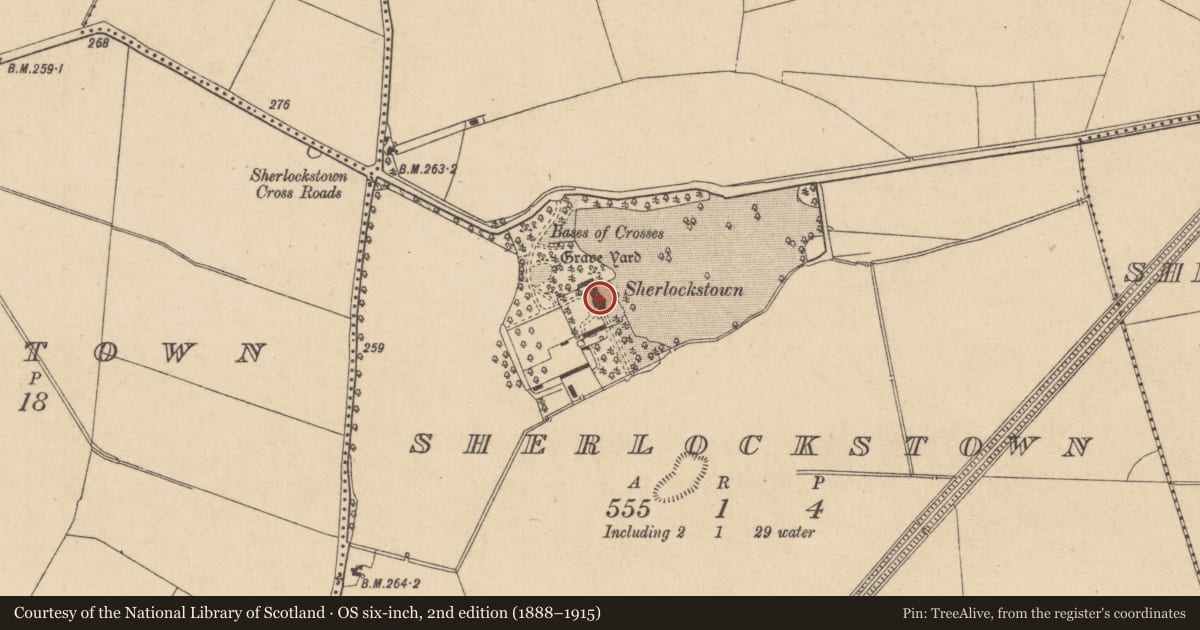 Ordnance Survey six-inch map, 2nd edition (1888–1915) covering the location of Castle - tower house, Sherlockstown, County Kildare, with a pin at the register's coordinates
