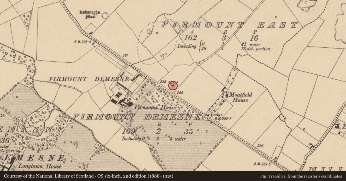 Ordnance Survey six-inch map, 2nd edition (1888–1915) covering the location of Mound, Firmount East, County Kildare, with a pin at the register's coordinates