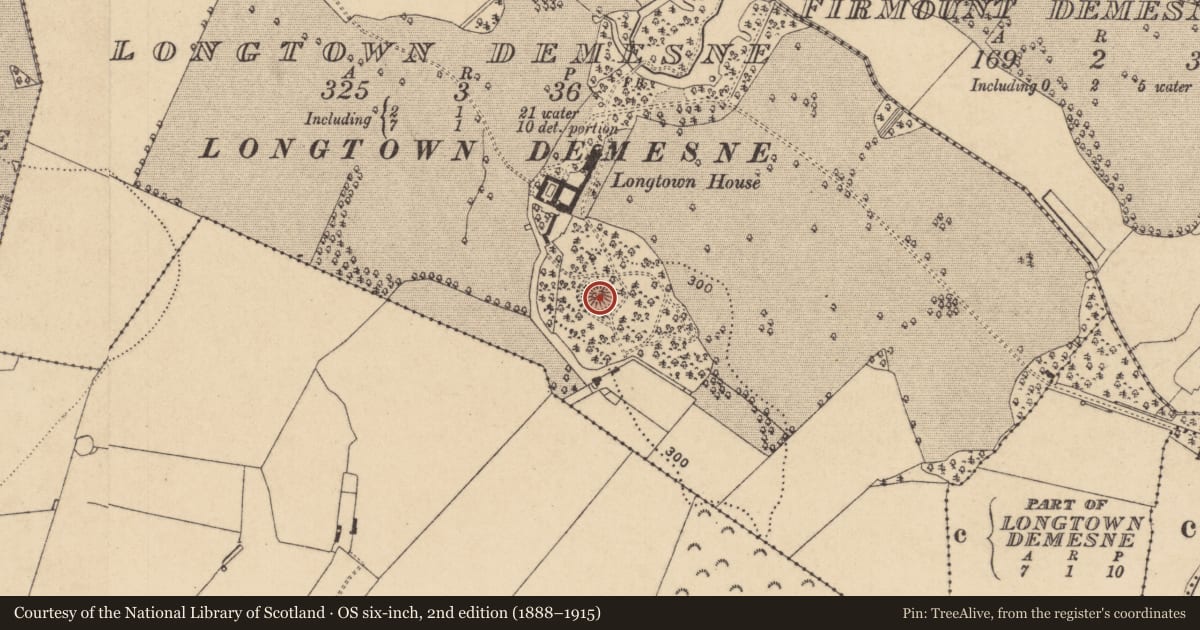 Ordnance Survey six-inch map, 2nd edition (1888–1915) covering the location of Castle - motte, Longtown Demesne, County Kildare, with a pin at the register's coordinates