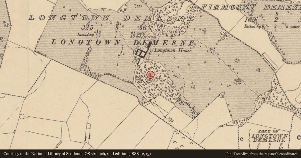 Ordnance Survey six-inch map, 2nd edition (1888–1915) covering the location of Icehouse, Longtown Demesne, County Kildare, with a pin at the register's coordinates