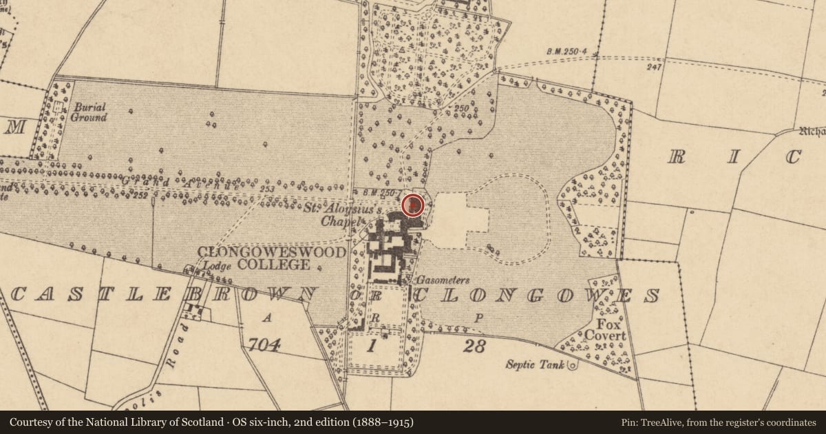 Ordnance Survey six-inch map, 2nd edition (1888–1915) covering the location of House - fortified house, Castlebrown Or Clongowes, County Kildare, with a pin at the register's coordinates