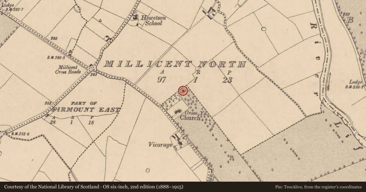 Ordnance Survey six-inch map, 2nd edition (1888–1915) covering the location of Enclosure, Millicent Demesne, Millicent North, County Kildare, with a pin at the register's coordinates