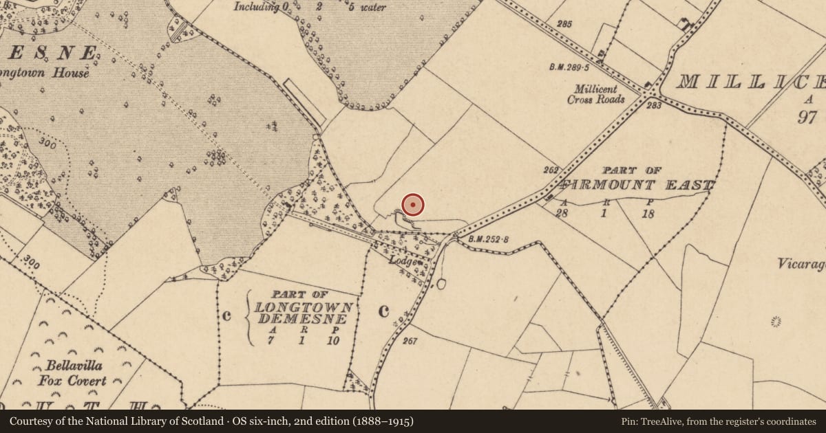 Ordnance Survey six-inch map, 2nd edition (1888–1915) covering the location of Barrow - ditch barrow, Firmount Demesne, County Kildare, with a pin at the register's coordinates