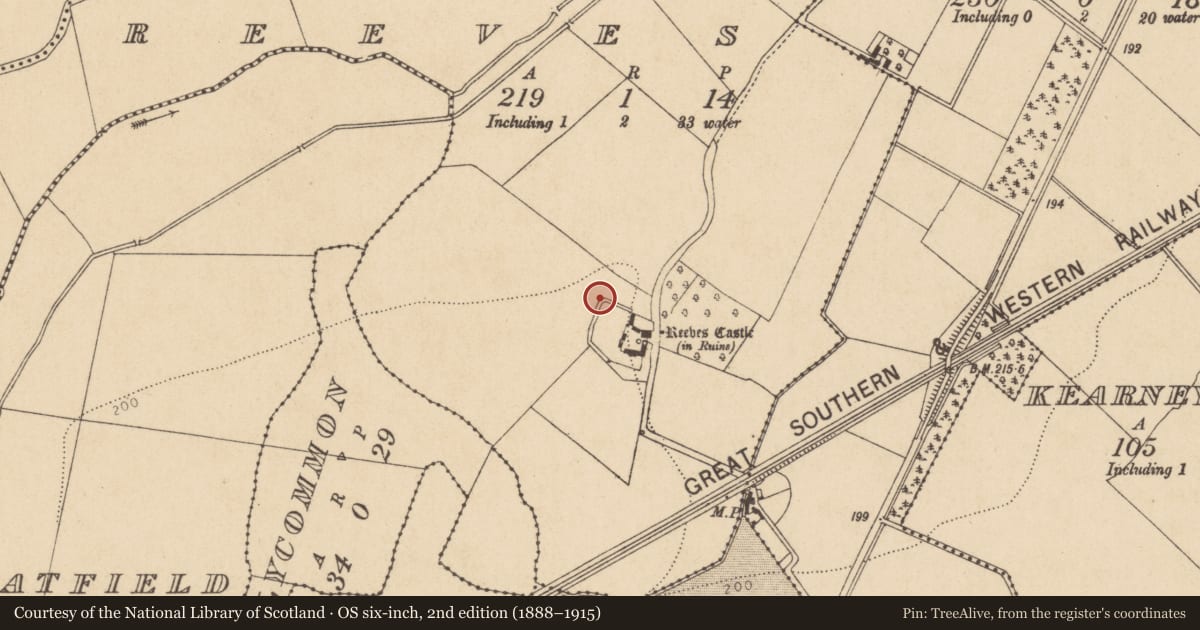 Ordnance Survey six-inch map, 2nd edition (1888–1915) covering the location of Ringfort - unclassified, Reeves, County Kildare, with a pin at the register's coordinates