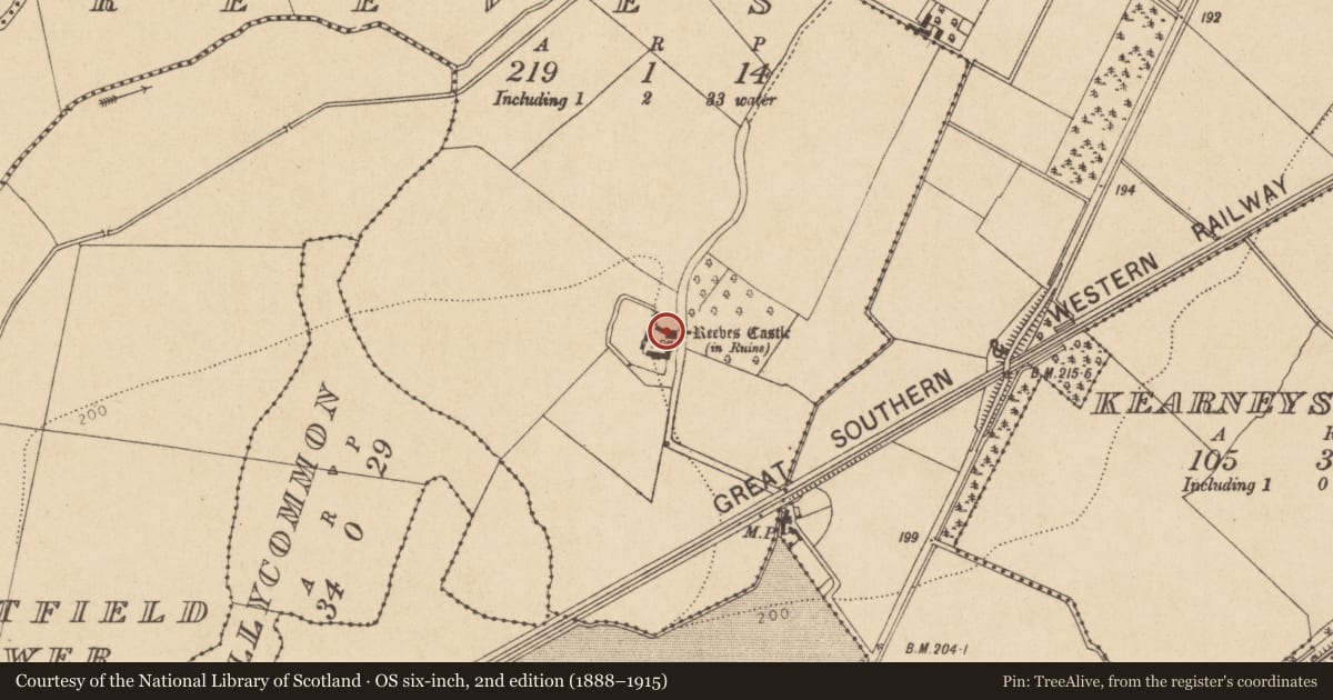 Ordnance Survey six-inch map, 2nd edition (1888–1915) covering the location of Bawn, Reeves, County Kildare, with a pin at the register's coordinates