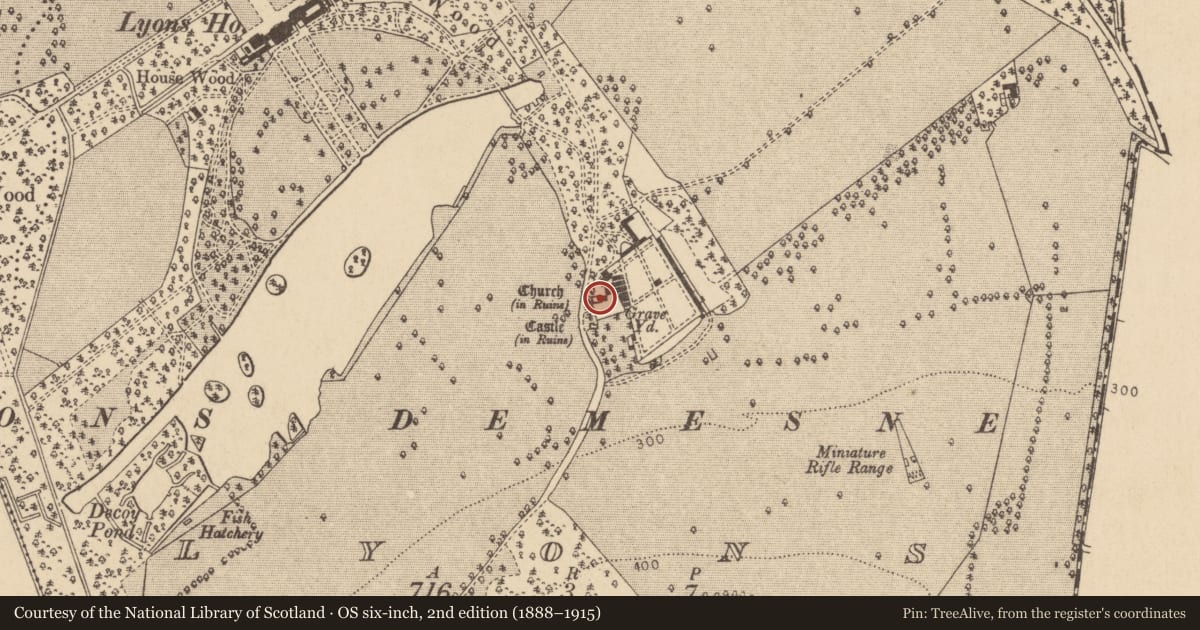 Ordnance Survey six-inch map, 2nd edition (1888–1915) covering the location of Church, Lyons, County Kildare, with a pin at the register's coordinates