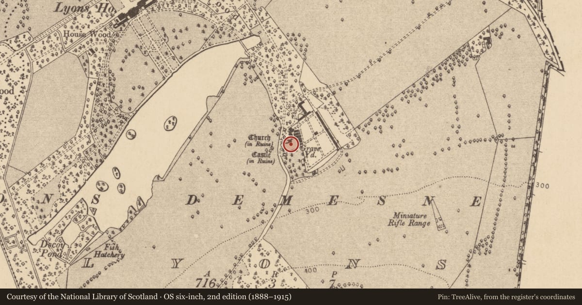 Ordnance Survey six-inch map, 2nd edition (1888–1915) covering the location of Graveyard, Lyons, County Kildare, with a pin at the register's coordinates