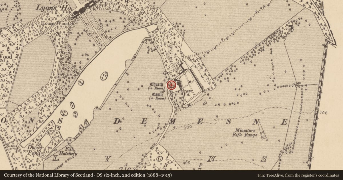 Ordnance Survey six-inch map, 2nd edition (1888–1915) covering the location of Wall monument, Lyons, County Kildare, with a pin at the register's coordinates