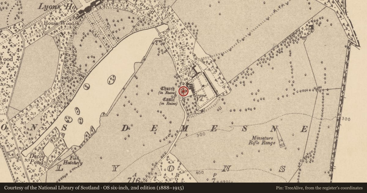 Ordnance Survey six-inch map, 2nd edition (1888–1915) covering the location of Font, Lyons, County Kildare, with a pin at the register's coordinates