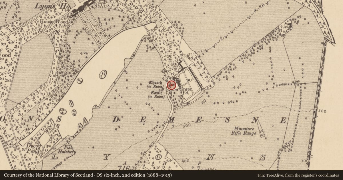 Ordnance Survey six-inch map, 2nd edition (1888–1915) covering the location of Wall monument, Lyons, County Kildare, with a pin at the register's coordinates