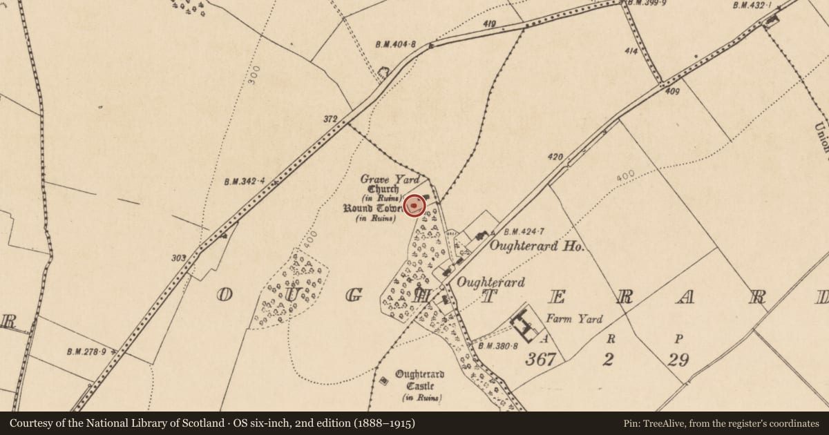 Ordnance Survey six-inch map, 2nd edition (1888–1915) covering the location of Round tower, Oughterard, County Kildare, with a pin at the register's coordinates