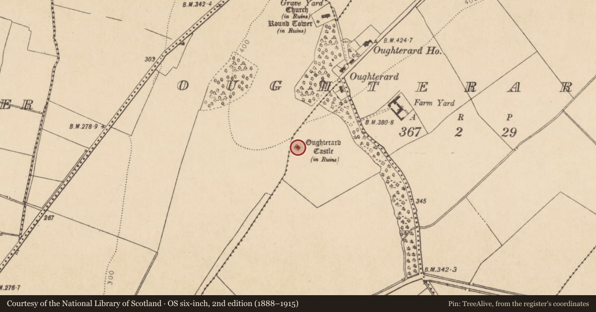 Ordnance Survey six-inch map, 2nd edition (1888–1915) covering the location of Castle - tower house, Tuckmilltown, County Kildare, with a pin at the register's coordinates