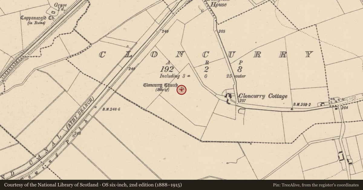 Ordnance Survey six-inch map, 2nd edition (1888–1915) covering the location of Children's burial ground, Cloncurry, County Kildare, with a pin at the register's coordinates