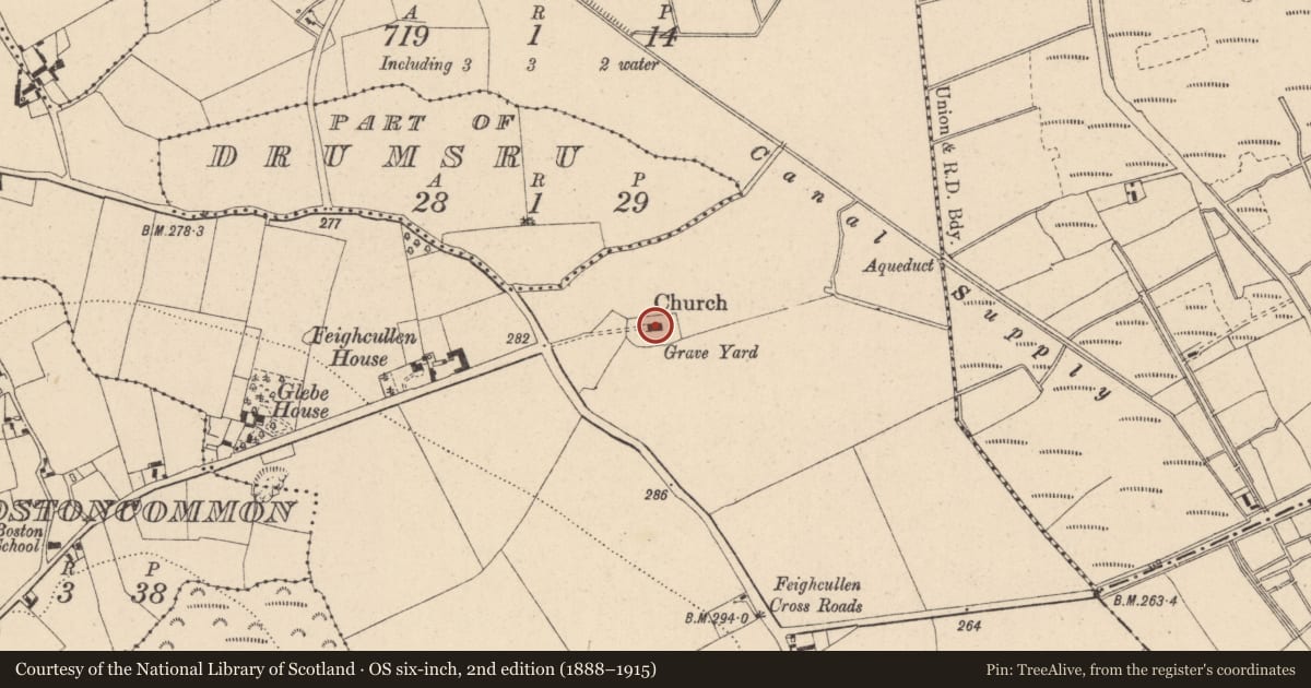 Ordnance Survey six-inch map, 2nd edition (1888–1915) covering the location of Church, Feighcullen, County Kildare, with a pin at the register's coordinates
