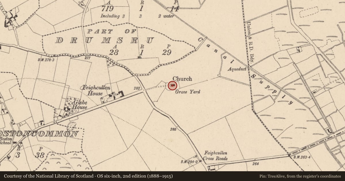 Ordnance Survey six-inch map, 2nd edition (1888–1915) covering the location of Church, Feighcullen, County Kildare, with a pin at the register's coordinates